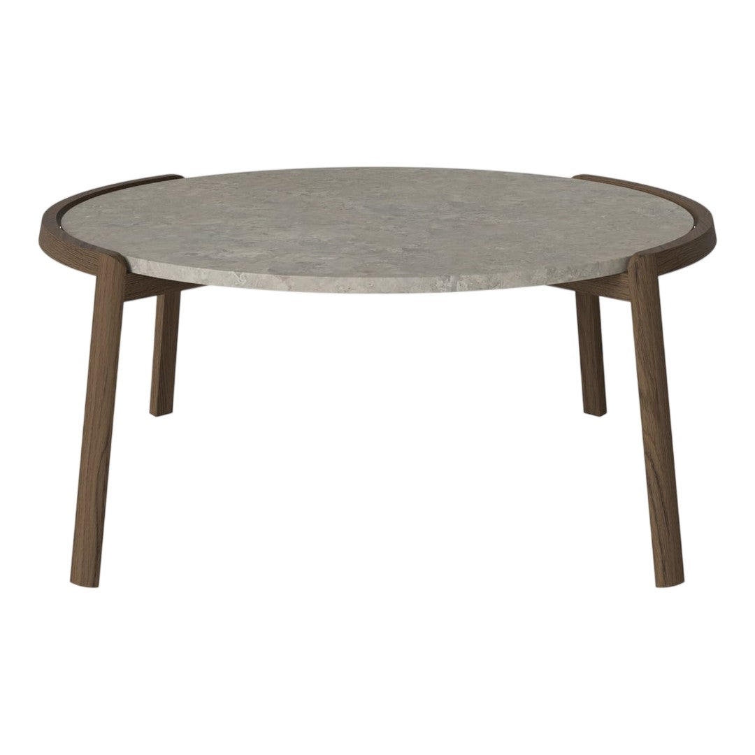 Round coffee table with a sleek gray marble top and dark wooden legs, featuring a smooth, minimalist design.