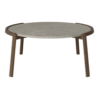 Round coffee table with a sleek gray marble top and dark wooden legs, featuring a smooth, minimalist design.