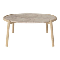 Round wooden coffee table with a light beige textured top and natural wood legs, featuring a simple, minimalist design.
