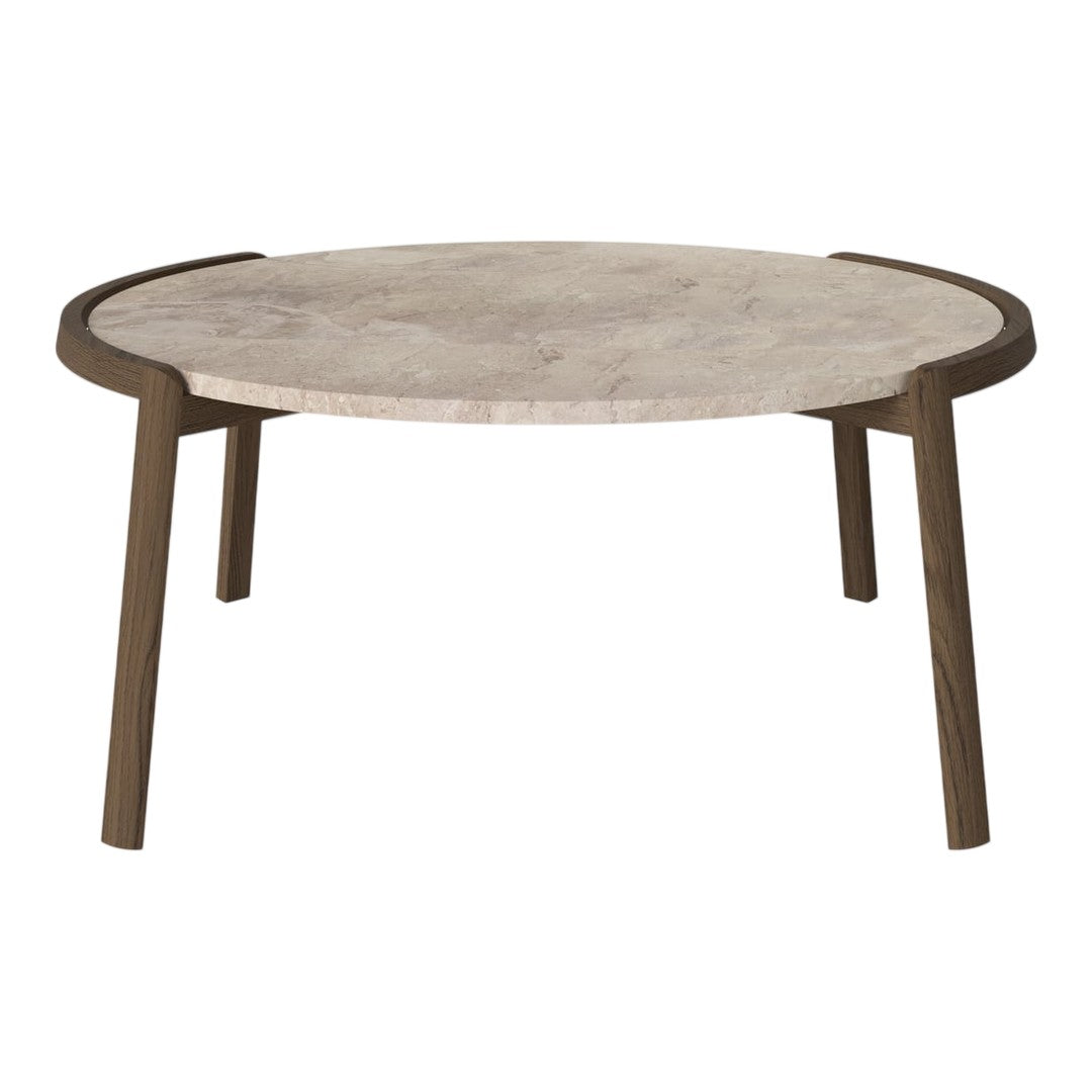 Round coffee table with a marble top and dark wooden legs, featuring a smooth, neutral color palette.