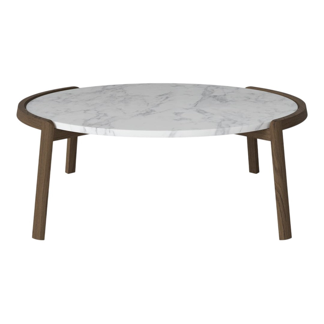 Round coffee table with a white marble top and dark wood legs, featuring a sleek modern design.