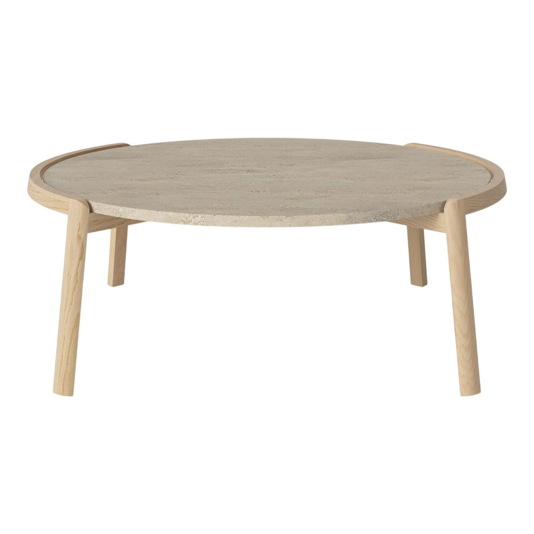 Round coffee table in light wood finish with a smooth, natural grain pattern, featuring minimalist Scandinavian design.