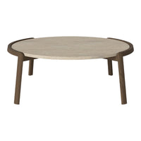 Round coffee table with a light beige marble top and dark brown wooden legs, featuring a minimalist design.