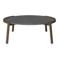 Round coffee table with a dark gray marble top and light brown wooden legs, featuring a sleek, modern design.