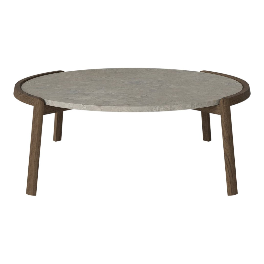 Round coffee table with a gray marble top and a contrasting dark wood base, featuring smooth, clean lines.