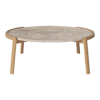 Round coffee table with light beige marble top and natural wood legs, featuring a simple, modern design.