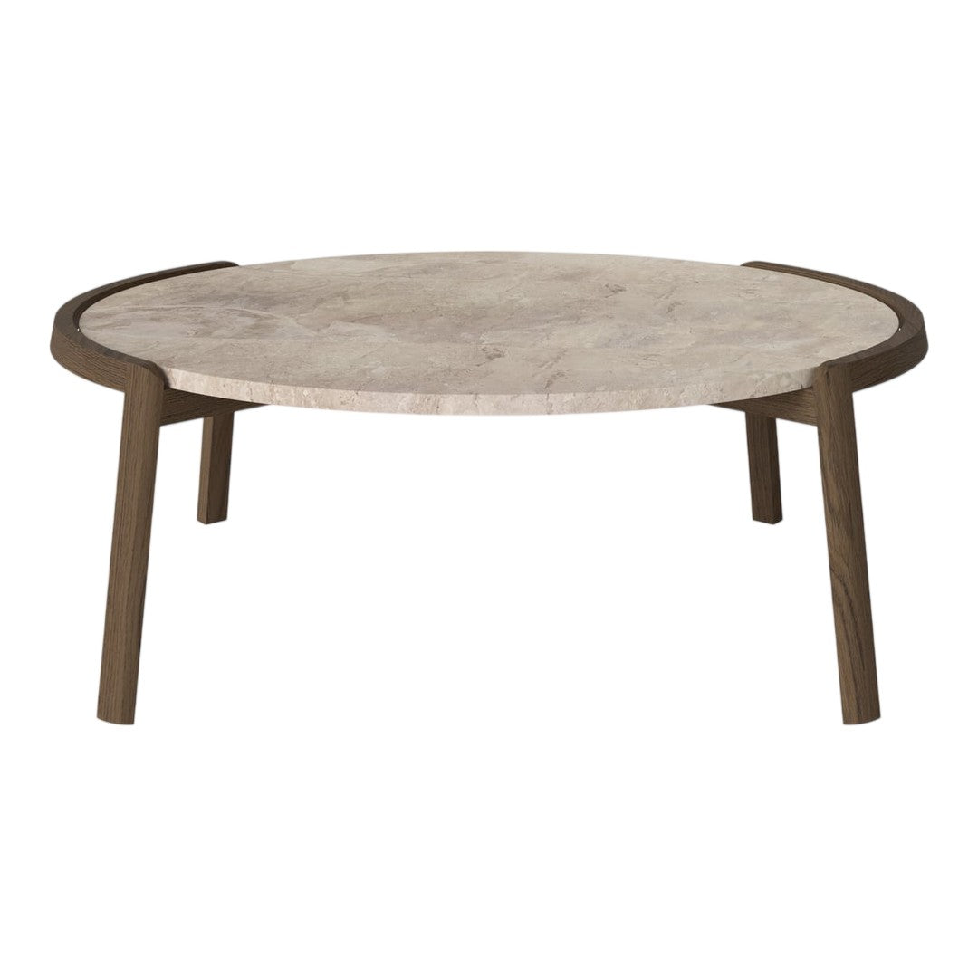 Round coffee table with a light marble top and dark wooden legs, featuring a smooth, minimalist design.