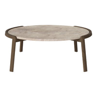 Round coffee table with a light marble top and dark wooden legs, featuring a smooth, minimalist design.