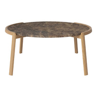 Round coffee table featuring a dark marble-patterned top with natural wood legs. Elegant and modern design.