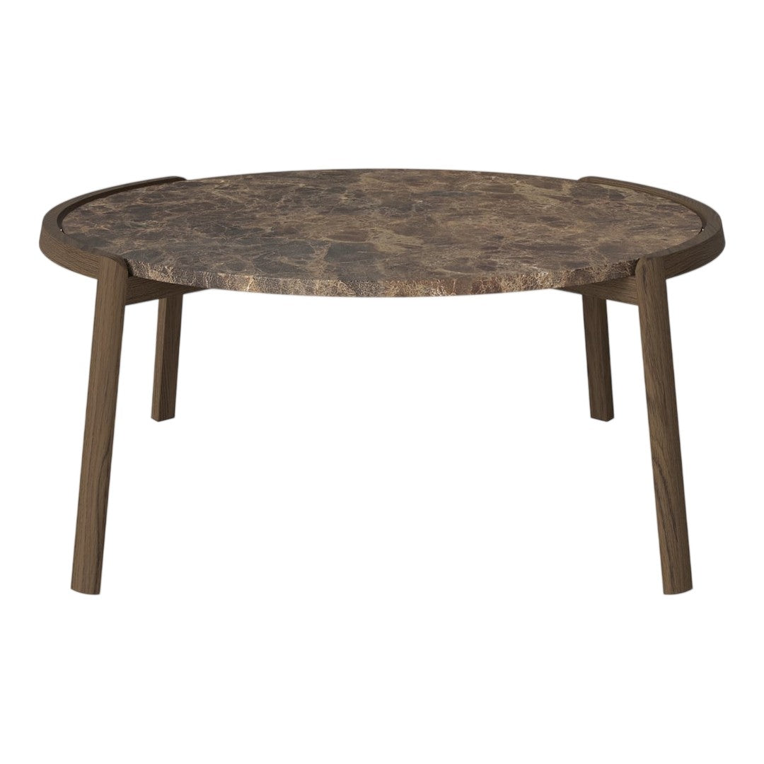 Stylish round coffee table featuring a dark marble top with earthy brown and gray tones, complemented by a simple wooden base.