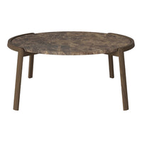 Stylish round coffee table featuring a dark marble top with earthy brown and gray tones, complemented by a simple wooden base.