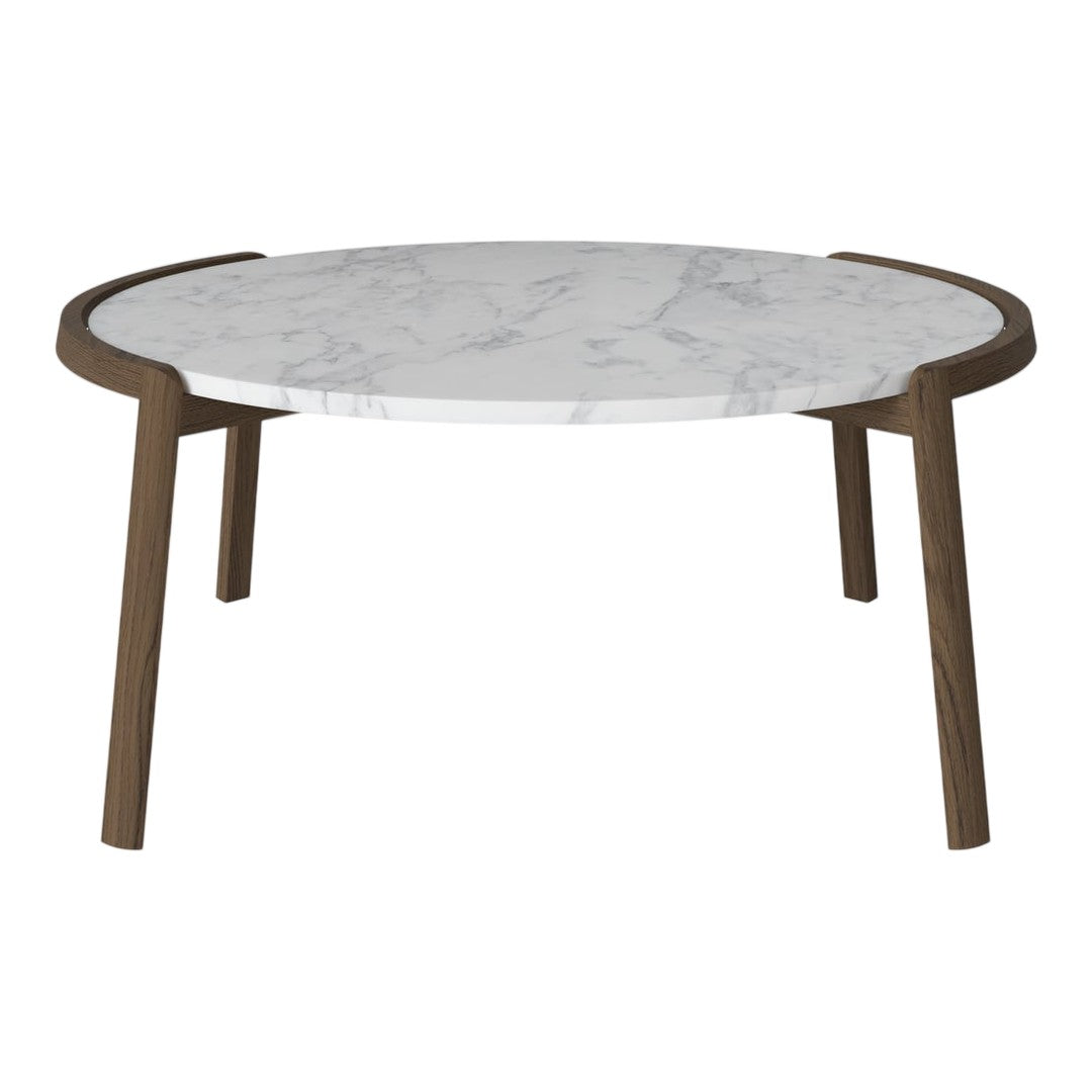 Round coffee table with a white marble top and sleek brown wooden legs, featuring a smooth finish and modern design.
