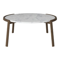 Round coffee table with a white marble top and sleek brown wooden legs, featuring a smooth finish and modern design.