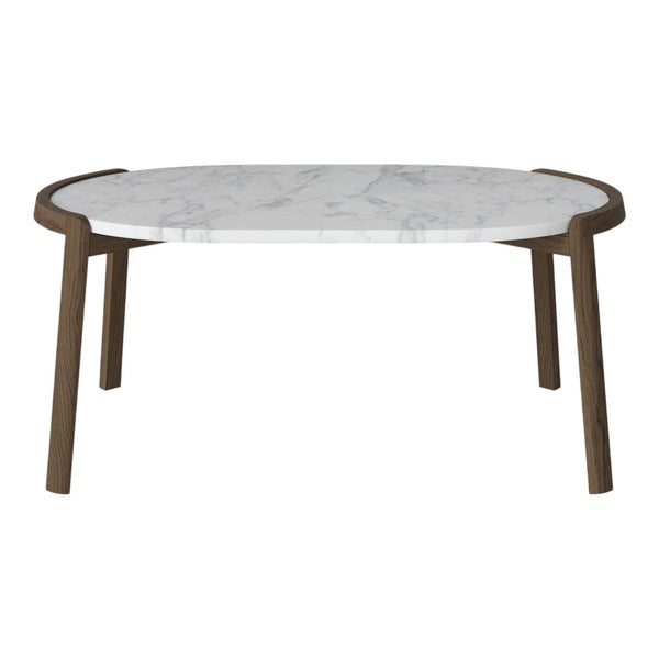Stylish oval coffee table with a white marble top and natural wood legs, featuring sleek lines and elegant patterns.