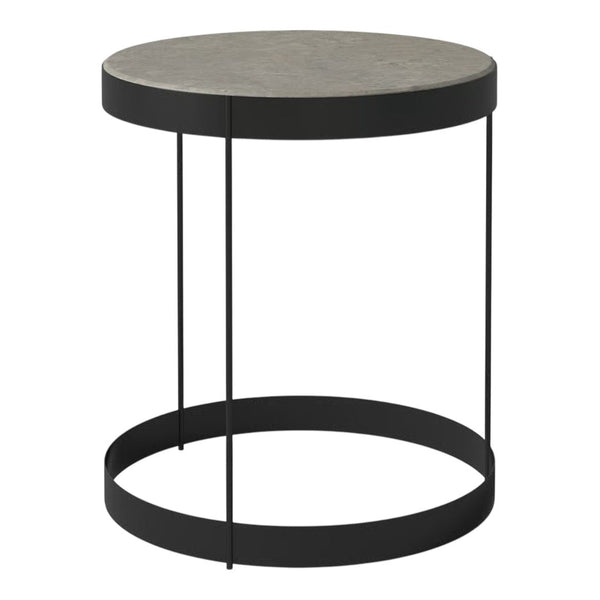 Round side table with a black metal base and gray concrete top, featuring a modern minimalist design.