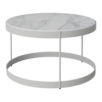 Round coffee table with a white marble top and a sleek, minimalist grey metal base. Elegant and modern design.