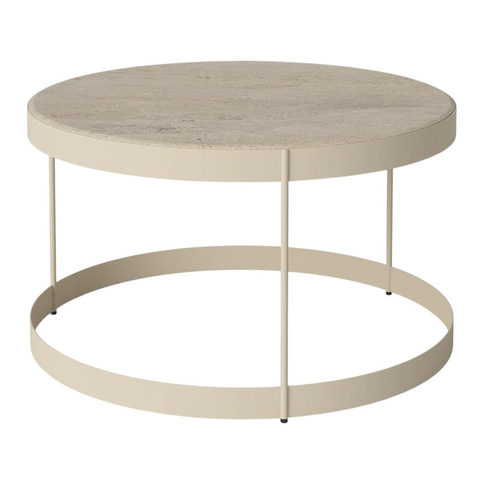Round coffee table with a light beige top and cream metal frame, featuring a smooth, minimalist design.