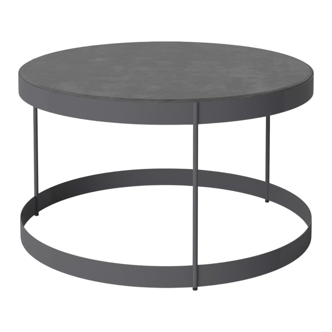Round coffee table with a sleek gray finish and minimalist black metal frame, perfect for modern interiors.