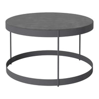 Round coffee table with a sleek gray finish and minimalist black metal frame, perfect for modern interiors.