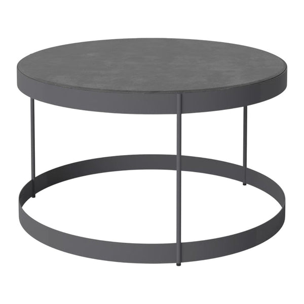 Round coffee table with a sleek gray finish and minimalist black metal frame, perfect for modern interiors.