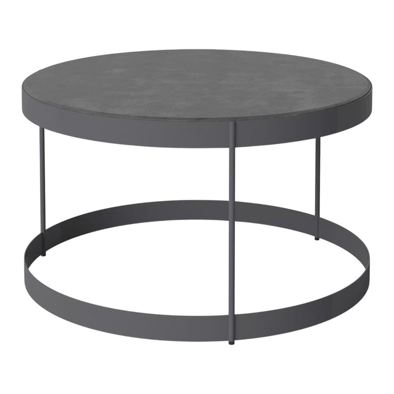 Round coffee table with a sleek gray finish and minimalist black metal frame, perfect for modern interiors.