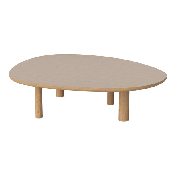 Light beige oval coffee table with natural wood legs, minimalistic design, perfect for modern interiors.
