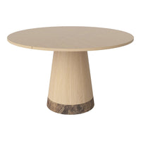 Round table with a light wood finish and a contrasting dark marble base. Smooth, minimalist design with natural tones.