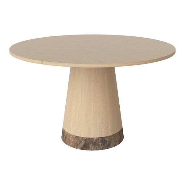 Round table with a light wood finish and a contrasting dark marble base. Smooth, minimalist design with natural tones.