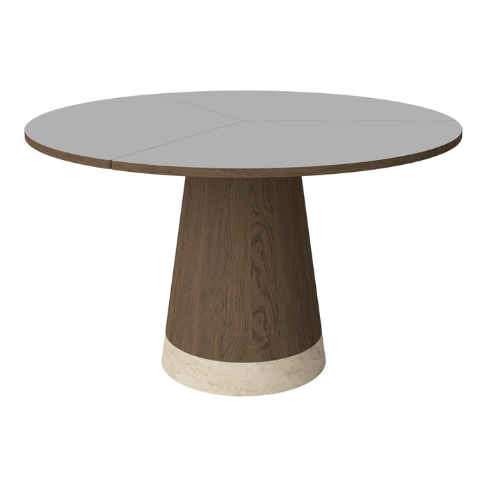 Round dining table with a gray top and dark wood base featuring a cream-colored stone accent. Modern design and neutral tones.