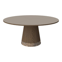 Round dining table featuring a soft gray top and a wood base with a marble accent, combining modern textures and tones.