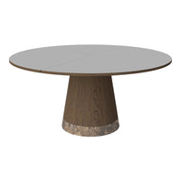 Round dining table featuring a gray top and a brown cone base with a marble accent. Modern and stylish design.