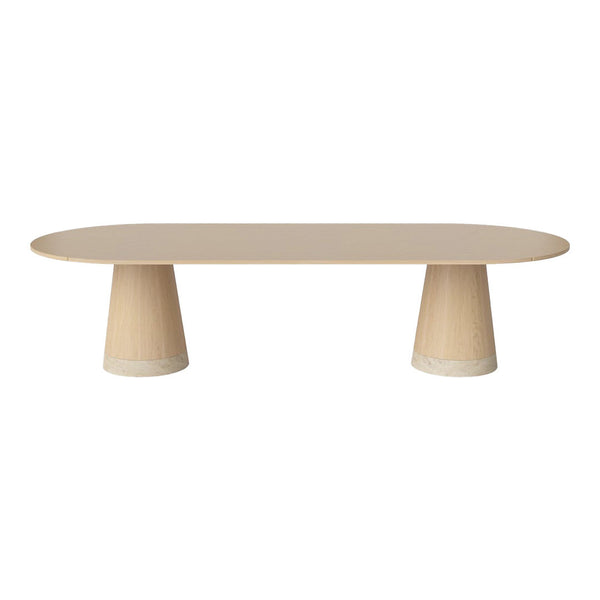 Light beige oval coffee table with textured cylindrical legs in a smooth finish. Clean, modern design with minimal patterns.