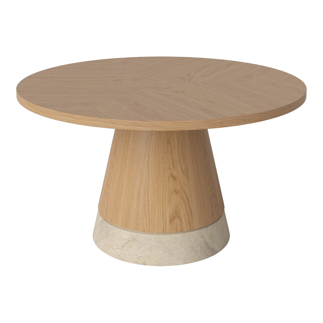 Round wooden table with a smooth light oak surface and a textured white stone base. Elegant and modern design.