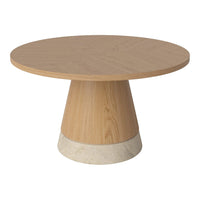 Round wooden table with a smooth light oak surface and a textured white stone base. Elegant and modern design.