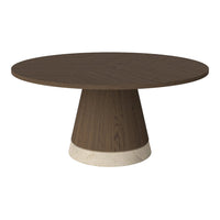 Round dining table with a dark brown wooden top and a contrasting light stone base, featuring a sleek, modern design.