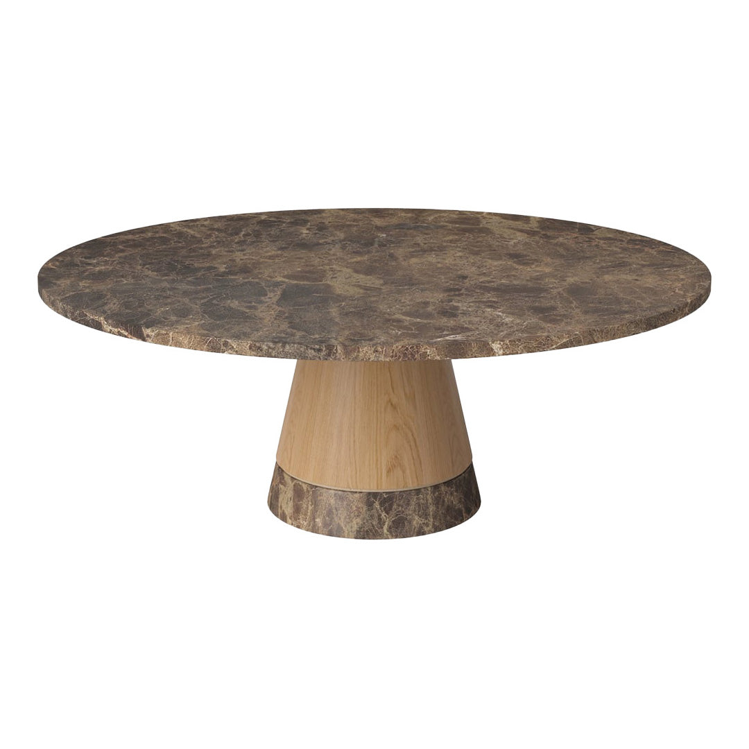 Round coffee table featuring a dark marble top and a natural wood base with a smooth finish and elegant pattern.