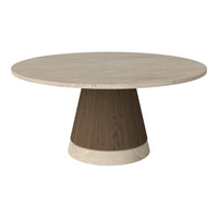 Round dining table featuring a light marble top and a dark wood base with a smooth, modern finish.