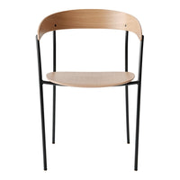 Minimalist wooden chair with a natural wood finish and sleek black metal legs. Modern and stylish design.
