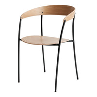 Modern chair with a natural wood seat and backrest, complemented by sleek black metal legs. Minimalist design, neutral colors.