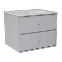 Gray two-drawer cabinet with a speckled white countertop, featuring minimalistic design and smooth surfaces.