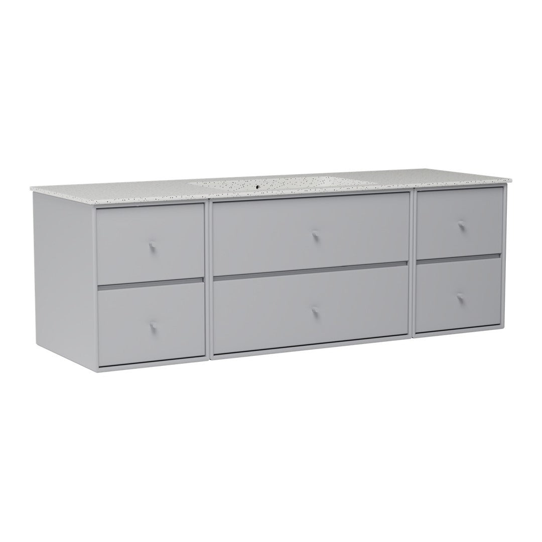 Light gray modern storage cabinet with a sleek minimalist design and six smooth-front drawers.