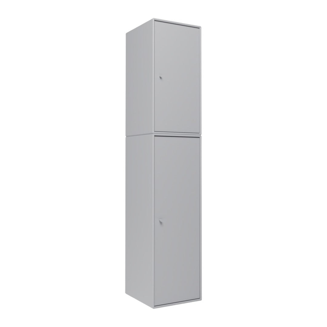 Gray two-door storage cabinet with a sleek, modern design and smooth finish. Perfect for streamlined organization.