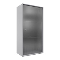 Grey metal display cabinet with vertical ribbed pattern and smooth finish, showcasing a sleek and modern design.