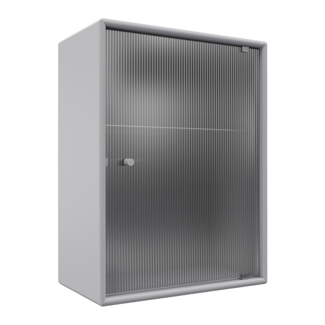 Gray storage cabinet with a sleek, ribbed pattern and a transparent front door for easy visibility.