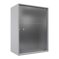 Gray storage cabinet with a sleek, ribbed pattern and a transparent front door for easy visibility.