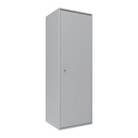 Tall, sleek gray storage cabinet with a minimalist design and smooth surface finish. Perfect for modern interiors.