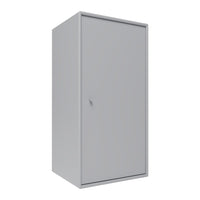 Sleek gray storage cabinet with a smooth, minimalist design and solid door, perfect for modern spaces.