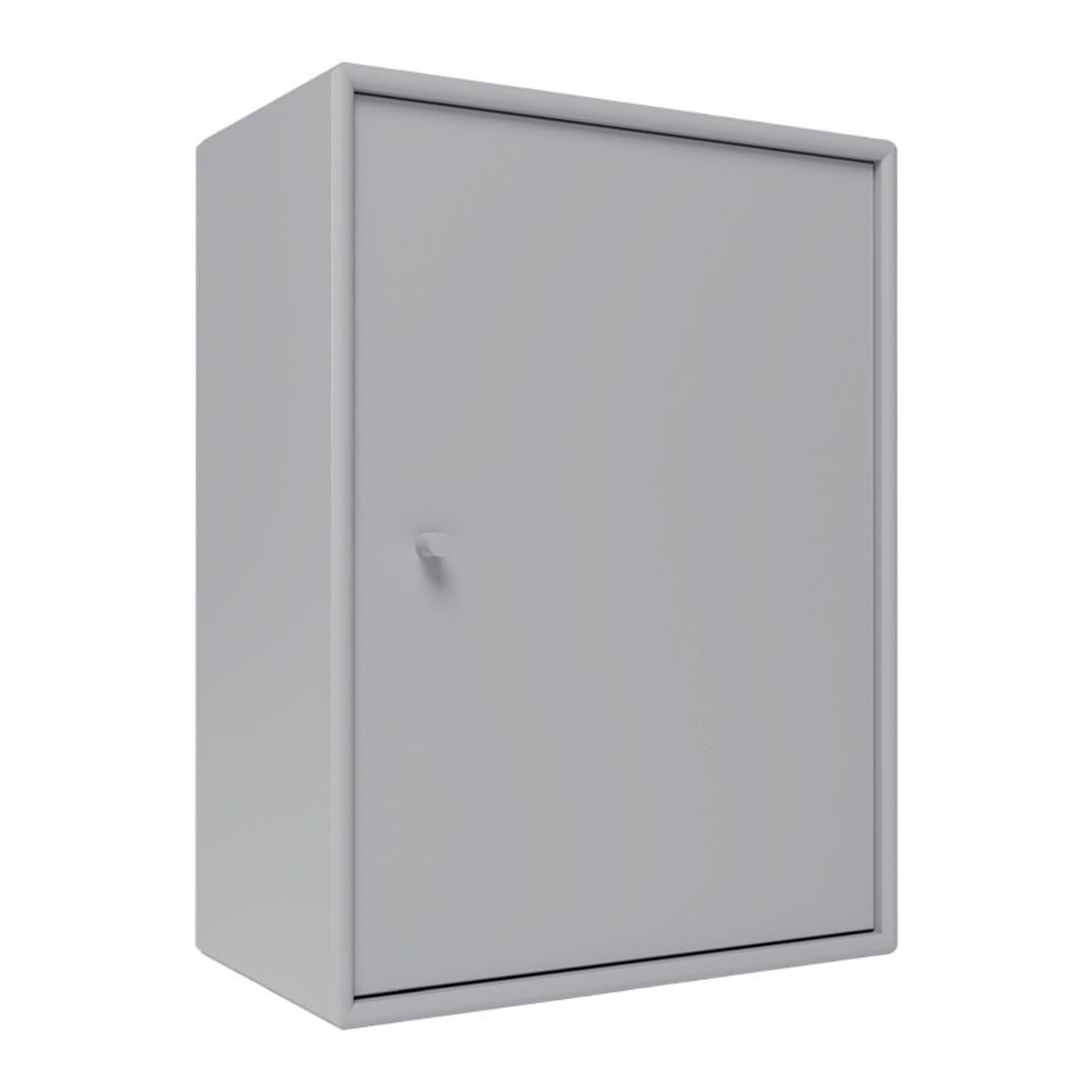 Gray storage cabinet with a smooth finish and simple, modern design. Suitable for minimalist decor.