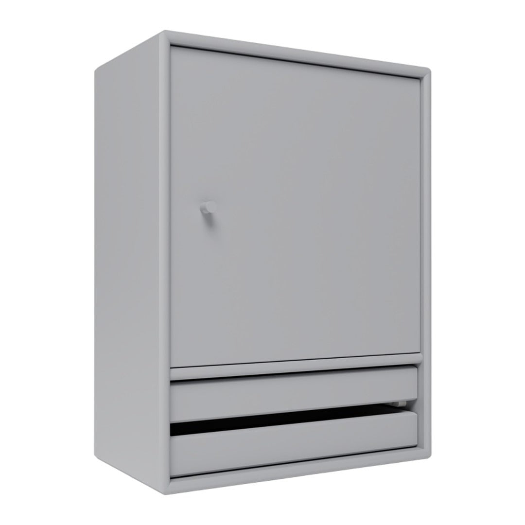 Gray storage cabinet with a smooth finish and minimalist design, featuring a single door and bottom drawer.