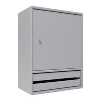 Gray storage cabinet with a smooth finish and minimalist design, featuring a single door and bottom drawer.
